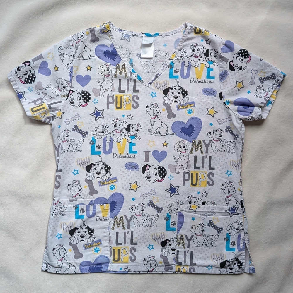 Disney 101 Dalmatians Scrub Top Cotton V-Neck Nurse Vet Uniform Size S - Picture 7 of 10